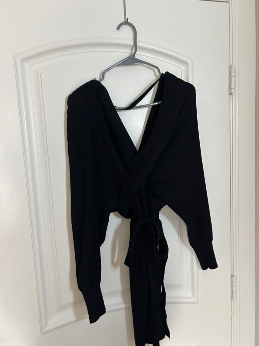 Black Ribbed Wrap Sweater Dress